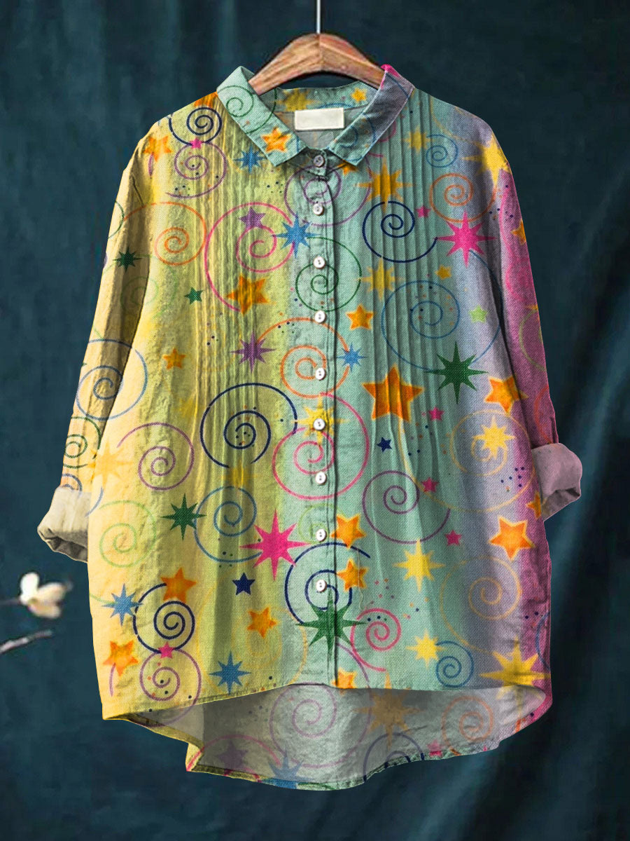 Women's Abstract Stars Pattern Art Print Casual Cotton And Linen Ruffle Shirt