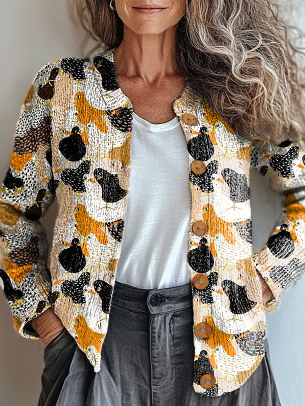 womens-lovely-chicken-art-print-buttoned-cardigan-sweater