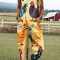 Women's Vintage Farm Animal Chicken Art Print Casual 100% Cotton Wide Leg Jumpsuit