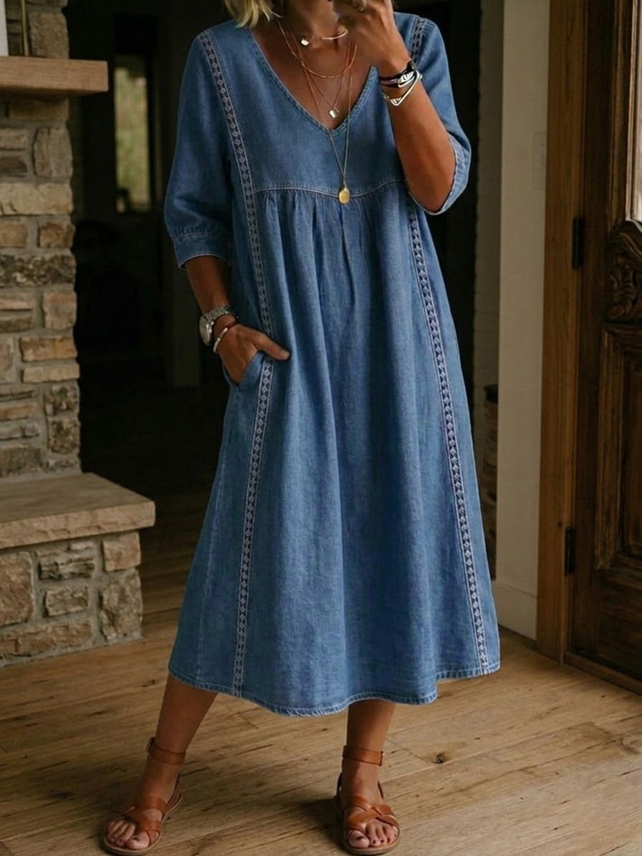 Casual Loose-fitting Denim Dress With Lace Trim