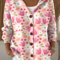 Women's  Vintage Flower Art Printed Casual Hooded Button Sweater