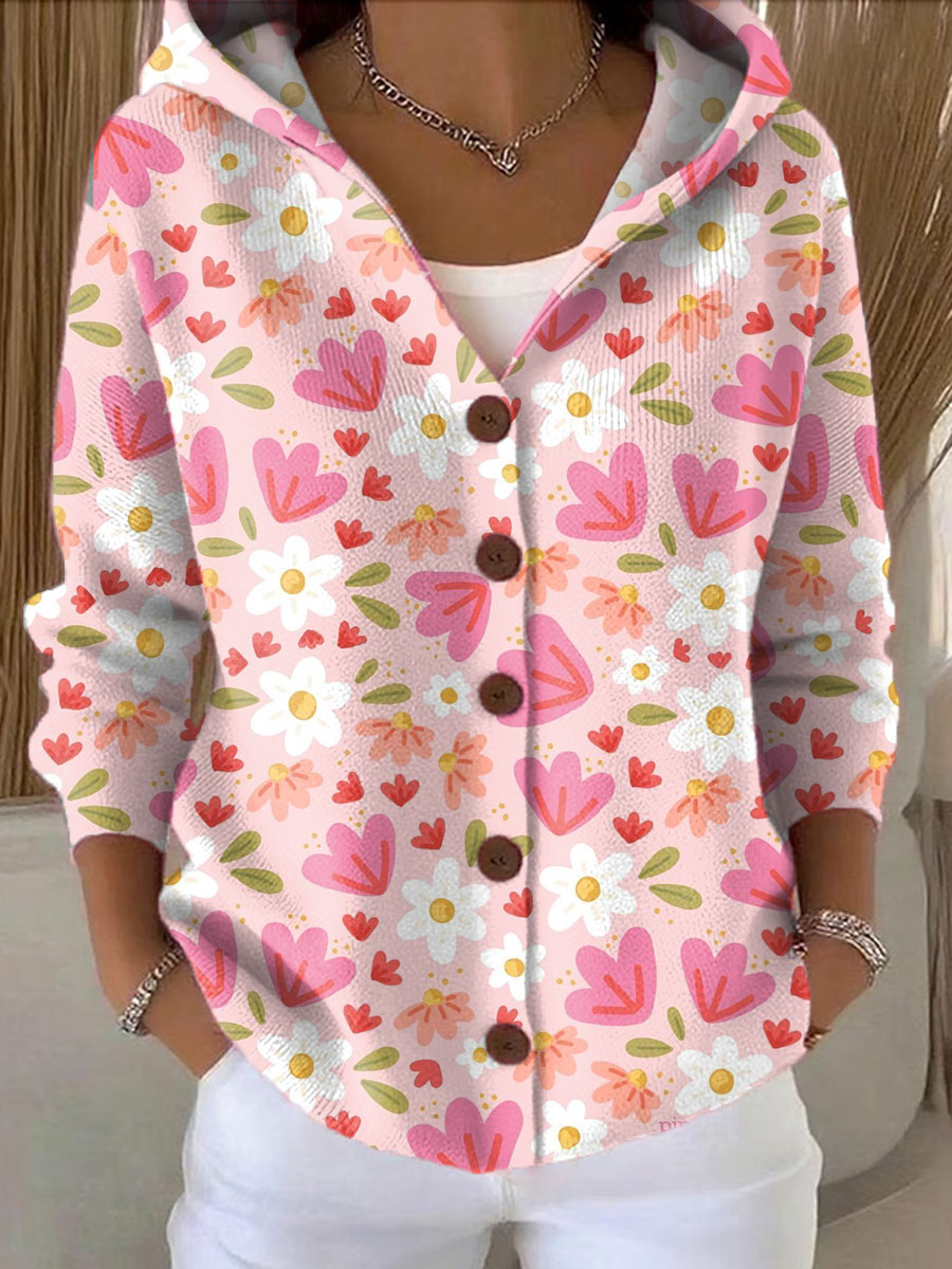 Women's  Vintage Flower Art Printed Casual Hooded Button Sweater