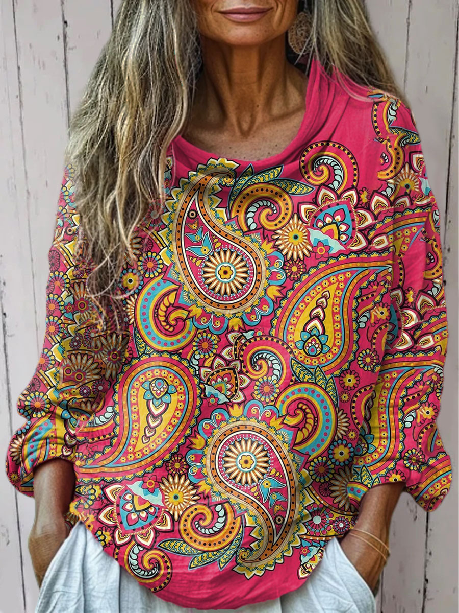 Women's  Vintage Cashew Flower Art Print Casual Long Sleeve Comfortable Cotton Shirt