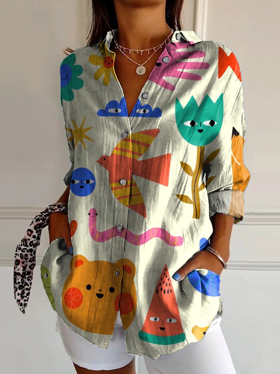 Lovely Cartoon Character Pattern Printed Women's Casual Cotton Shirt