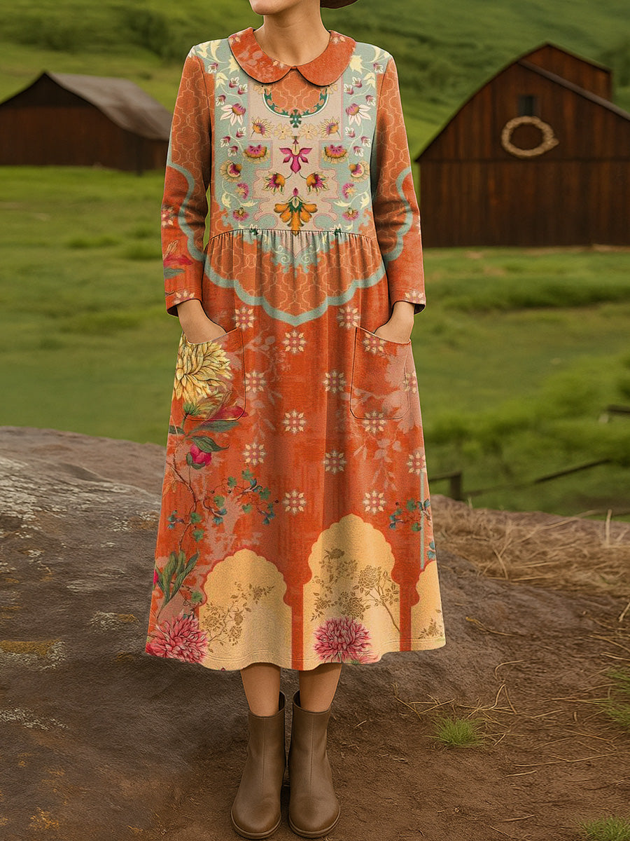 Women's Beautiful Vintage Ethnic Geometric Floral Art Print Cotton Lapel Button-Down Shirt Dress