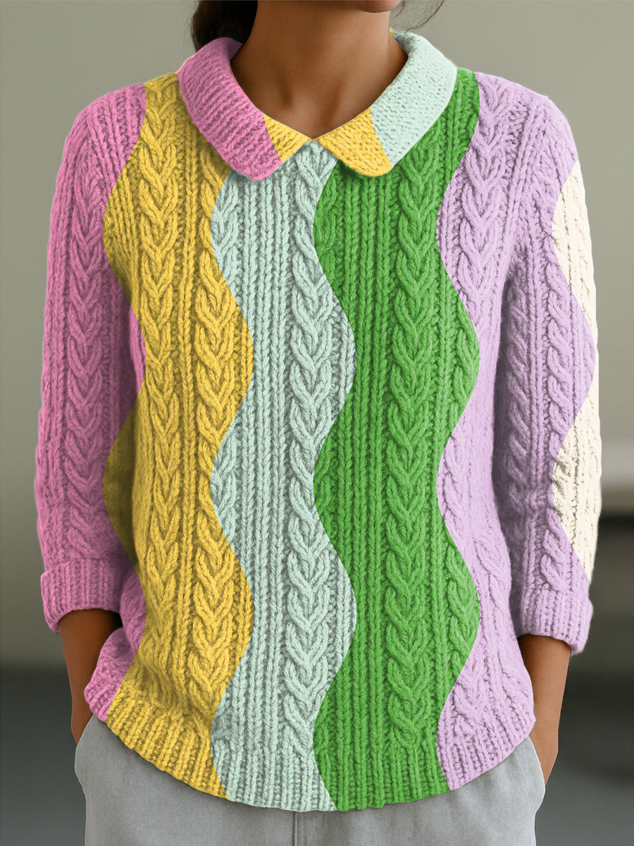womens-colorful-abstract-stripe-painting-art-print-casual-peter-pan-collar-3-4-sleeve-sweater-3hh8