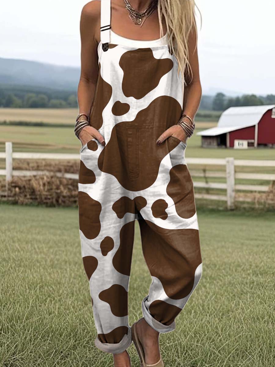 Women's Cow Pattern Art Print Casual 100% Cotton Wide Leg Jumpsuit