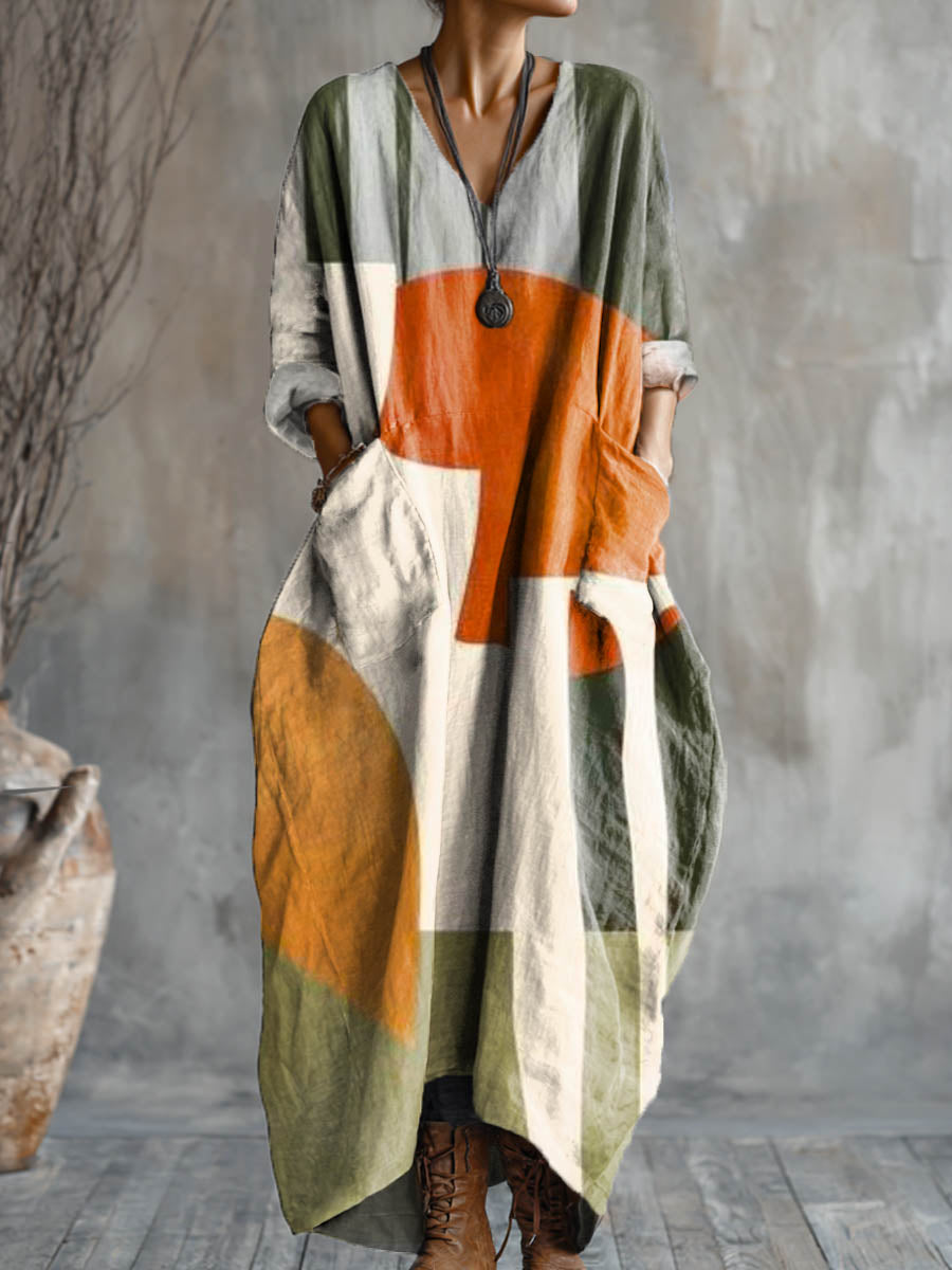 Women's Abstract Geometric Pattern Art Print Pocket V-neck Cotton Dress