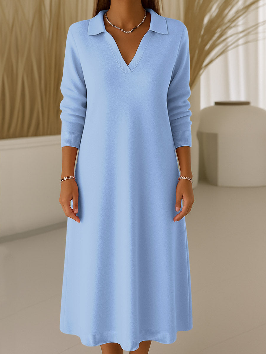Women's Solid Color V-Neck Long Sleeve Casual Loose Knit Dress