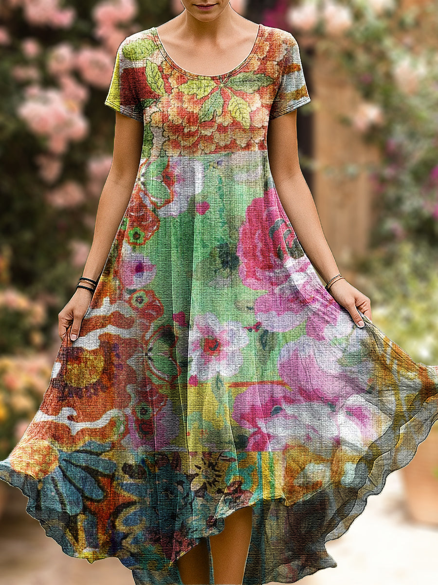 Women's Beautiful Abstract Floral Painting Art Print Sleeveless Cotton Pocket Dress