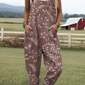 Women's Vintage Leaves Art Print Casual 100% Cotton Wide Leg Jumpsuit