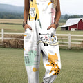 Women's Artistic Abstract Fun Cat Print Casual 100% Cotton Wide Leg Jumpsuit