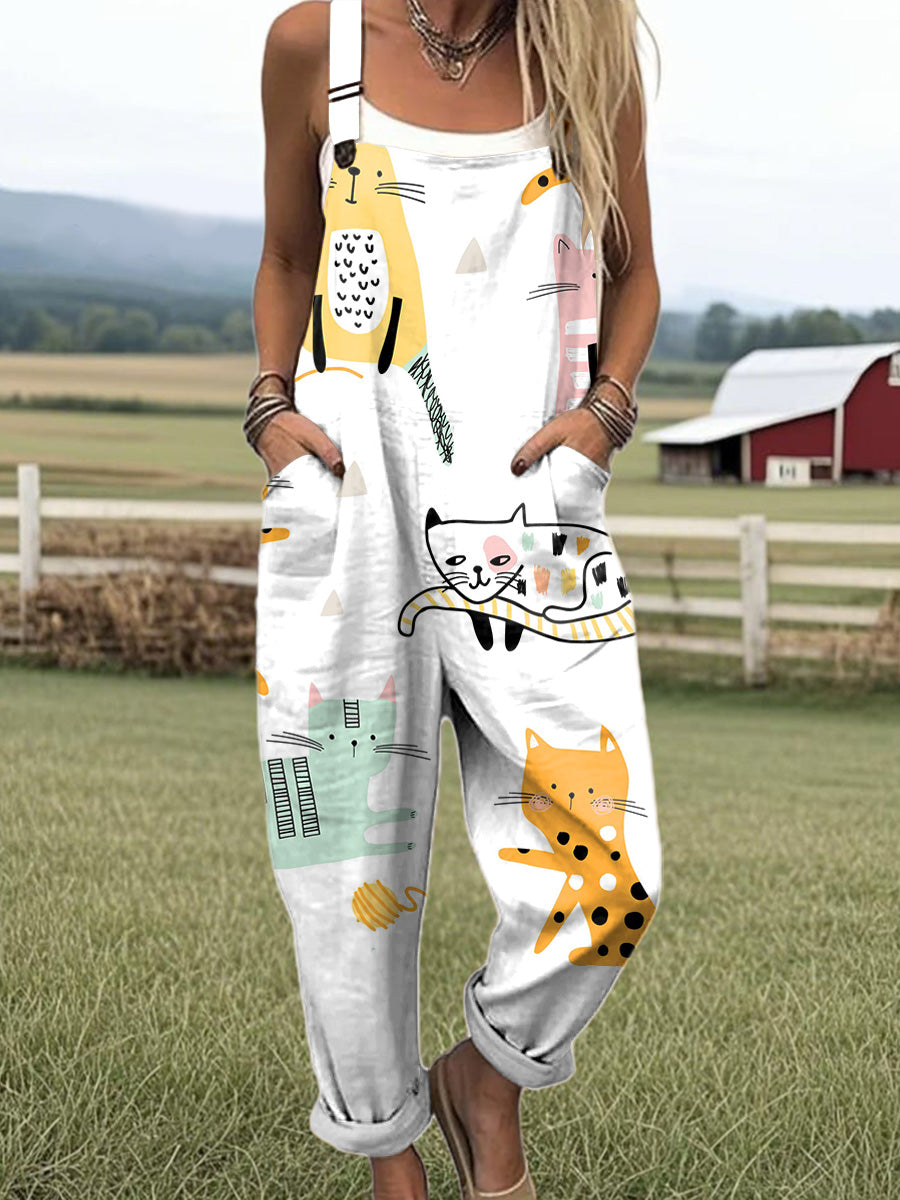 Women's Artistic Abstract Fun Cat Print Casual 100% Cotton Wide Leg Jumpsuit