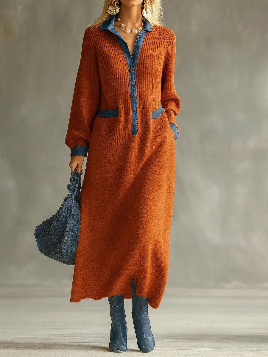Women's Shirt Collar Long Sleeve Denim Stitching Casual Loose Knit Dress