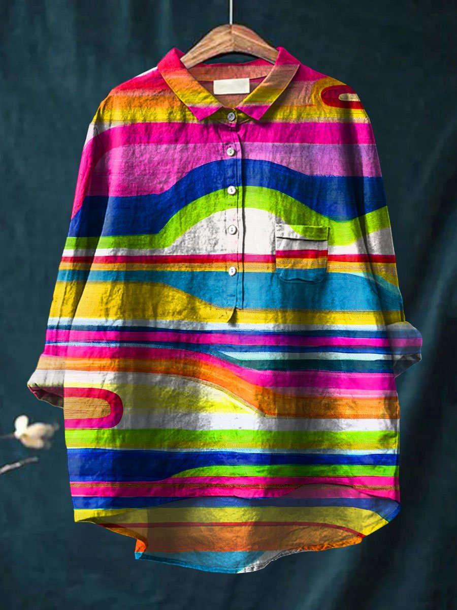 Abstrct Art Printed Women's Casual Cotton And Linen Shirt