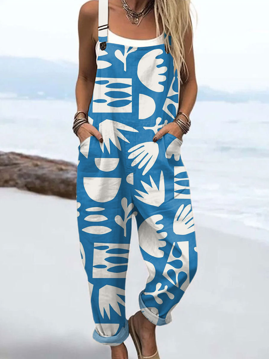 Women's  Vintage Abstract Geometric Art Print Casual 100% Cotton Wide Leg Jumpsuit