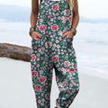 Women's Vintage Flower Art Print Casual 100% Cotton Wide Leg Jumpsuit