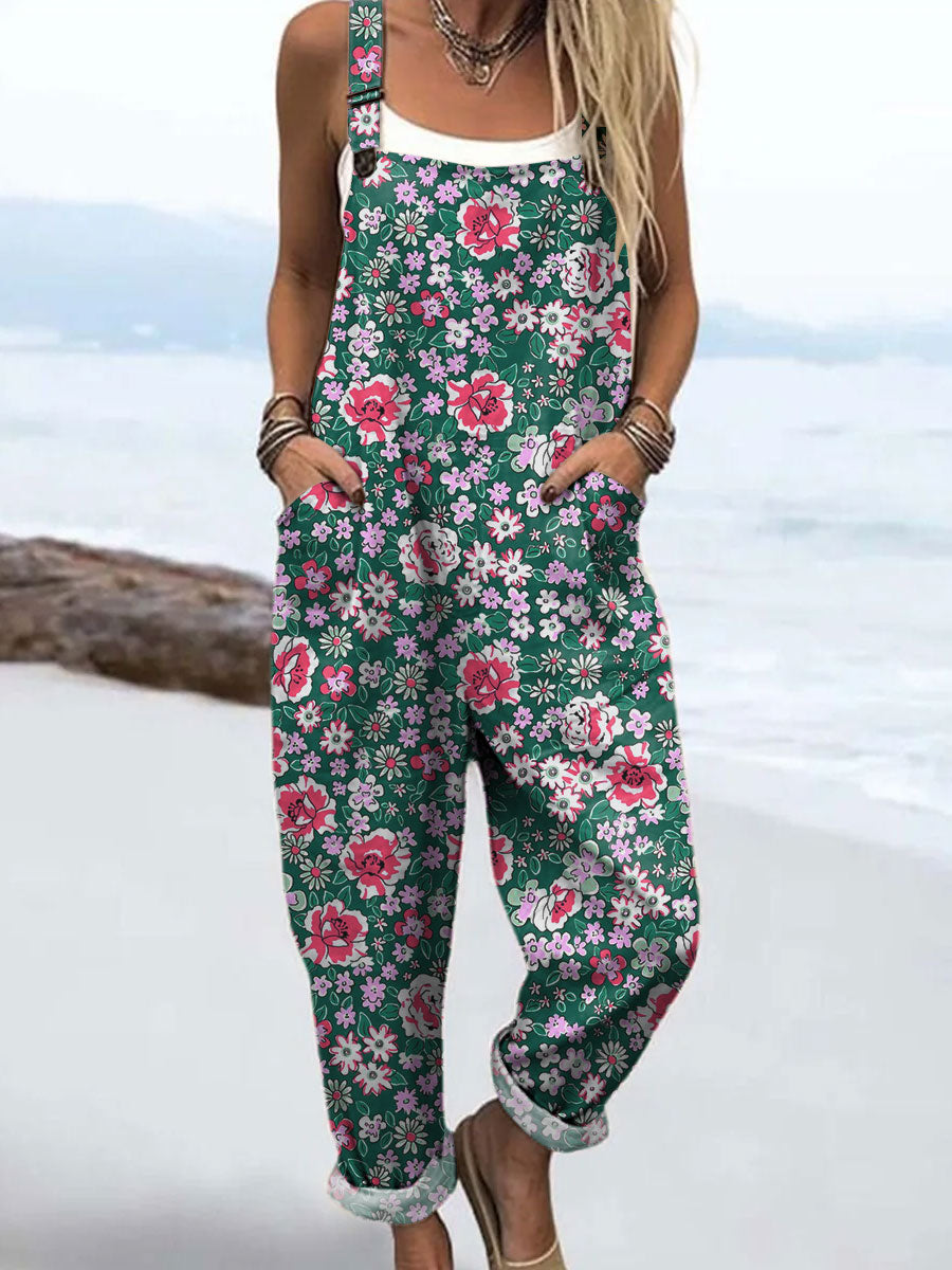 Women's Vintage Flower Art Print Casual 100% Cotton Wide Leg Jumpsuit