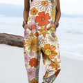 Women's Colourful Art Flowers Print Casual 100% Cotton Wide Leg Jumpsuit