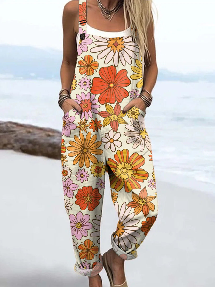Women's Colourful Art Flowers Print Casual 100% Cotton Wide Leg Jumpsuit