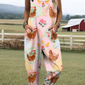 Women's Cute Chicken Flowers Art Print Casual 100% Cotton Wide Leg Jumpsuit