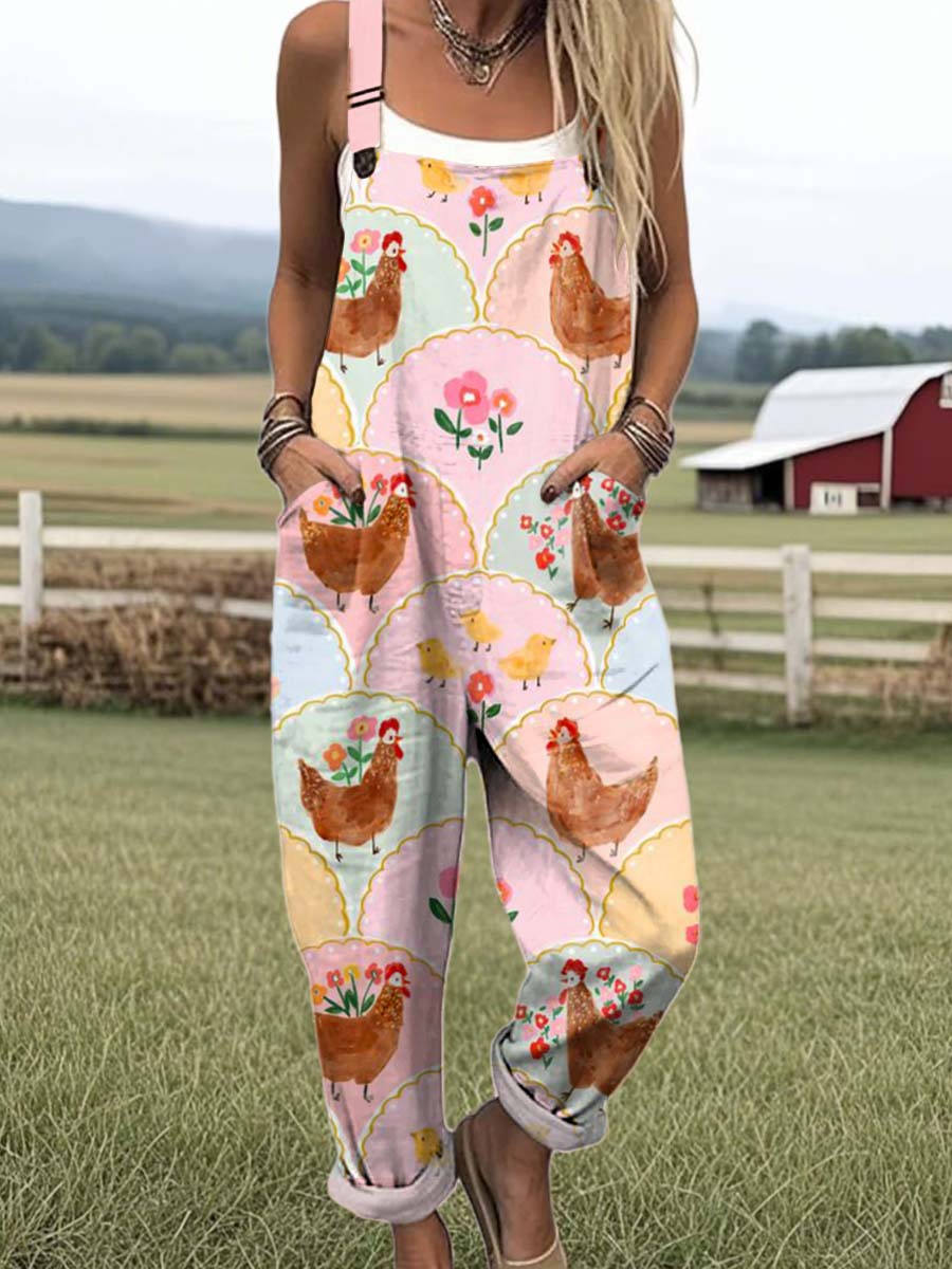 Women's Cute Chicken Flowers Art Print Casual 100% Cotton Wide Leg Jumpsuit