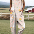 Women's Pink Art Cute Duck Print Casual 100% Cotton Wide Leg Jumpsuit