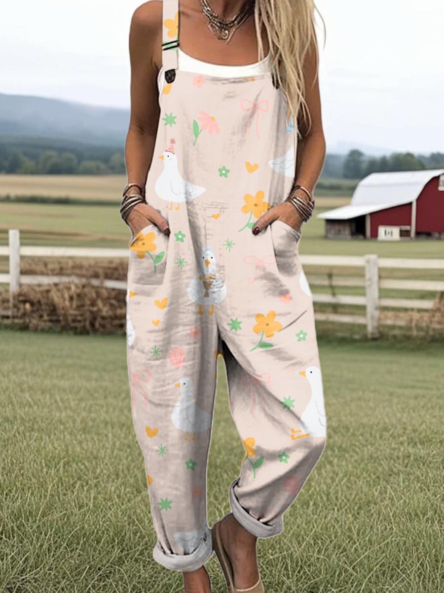 Women's Pink Art Cute Duck Print Casual 100% Cotton Wide Leg Jumpsuit