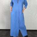 Women's Solid Color High Neck Long Sleeve Casual Loose Cotton Dress