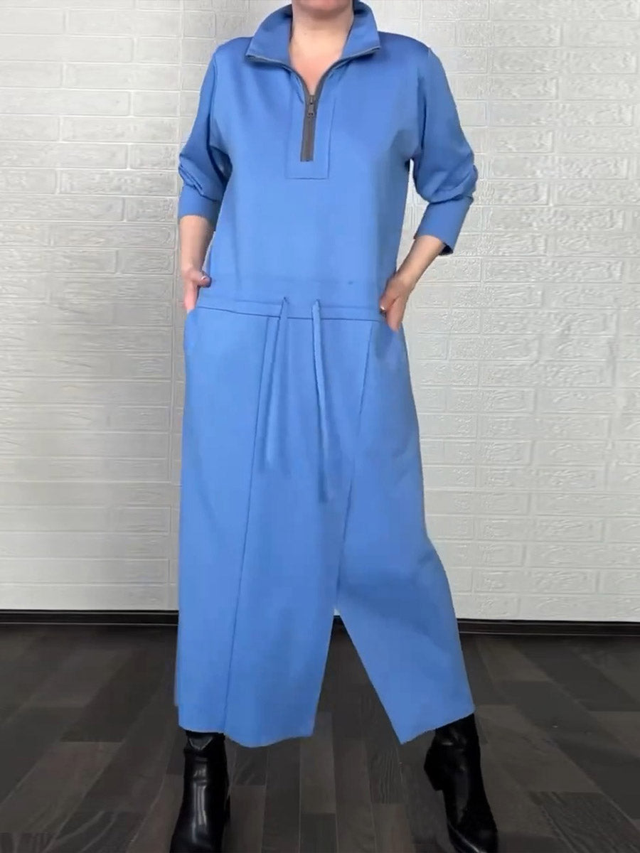 Women's Solid Color High Neck Long Sleeve Casual Loose Cotton Dress