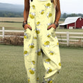 Women's Fashion Bee Art Print Casual 100% Cotton Wide Leg Jumpsuit