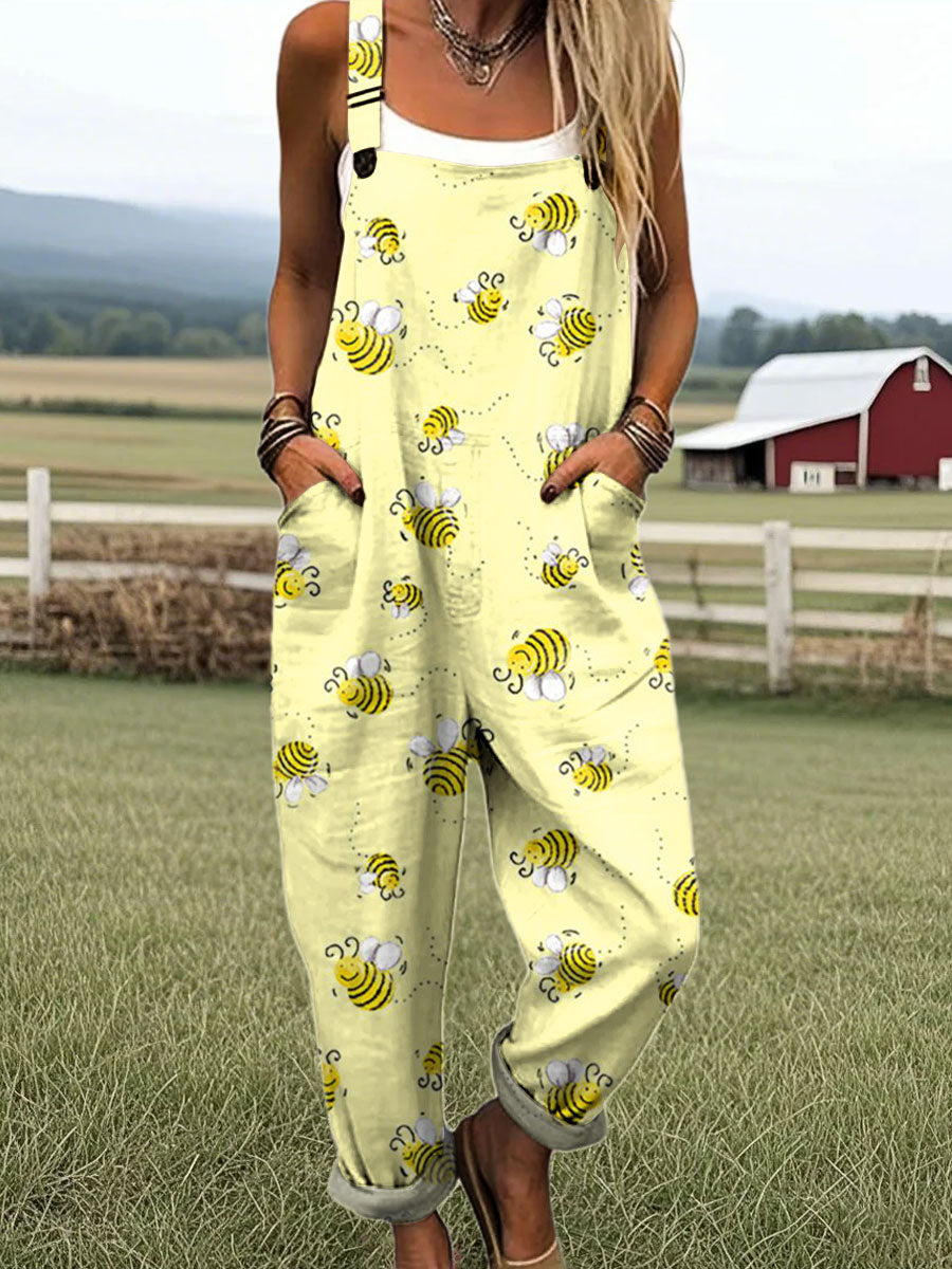 Women's Fashion Bee Art Print Casual 100% Cotton Wide Leg Jumpsuit