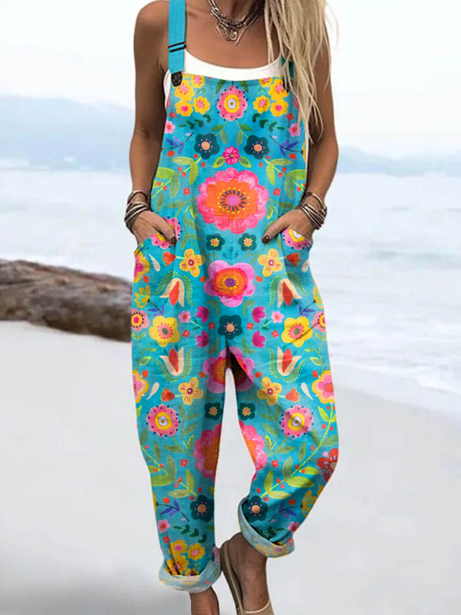 Women's Floral Art Print Casual 100% Cotton Wide Leg Jumpsuit