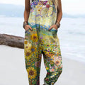 Women's Lovely Floral Art Print Casual 100% Cotton Wide Leg Jumpsuit