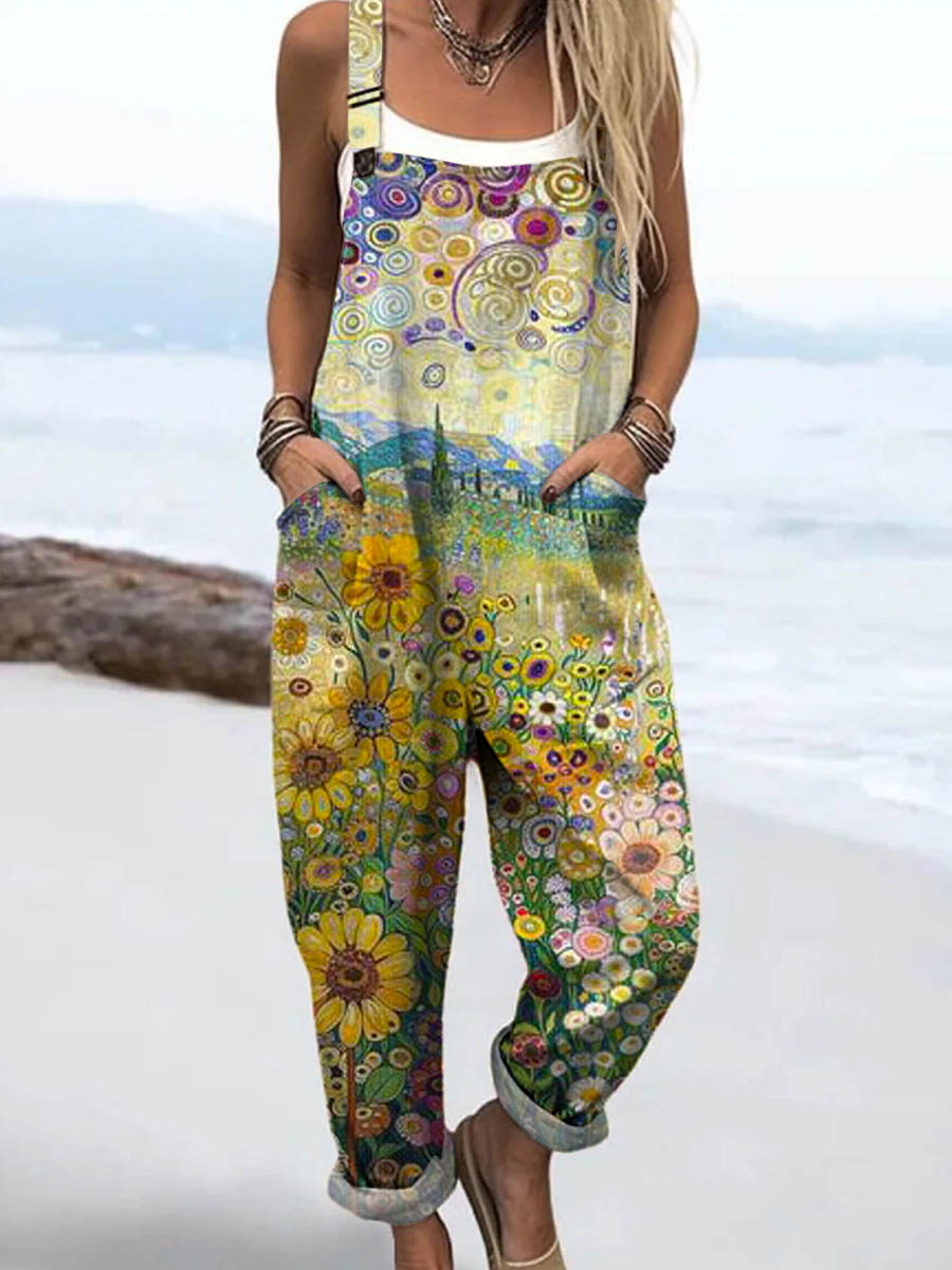 Women's Lovely Floral Art Print Casual 100% Cotton Wide Leg Jumpsuit