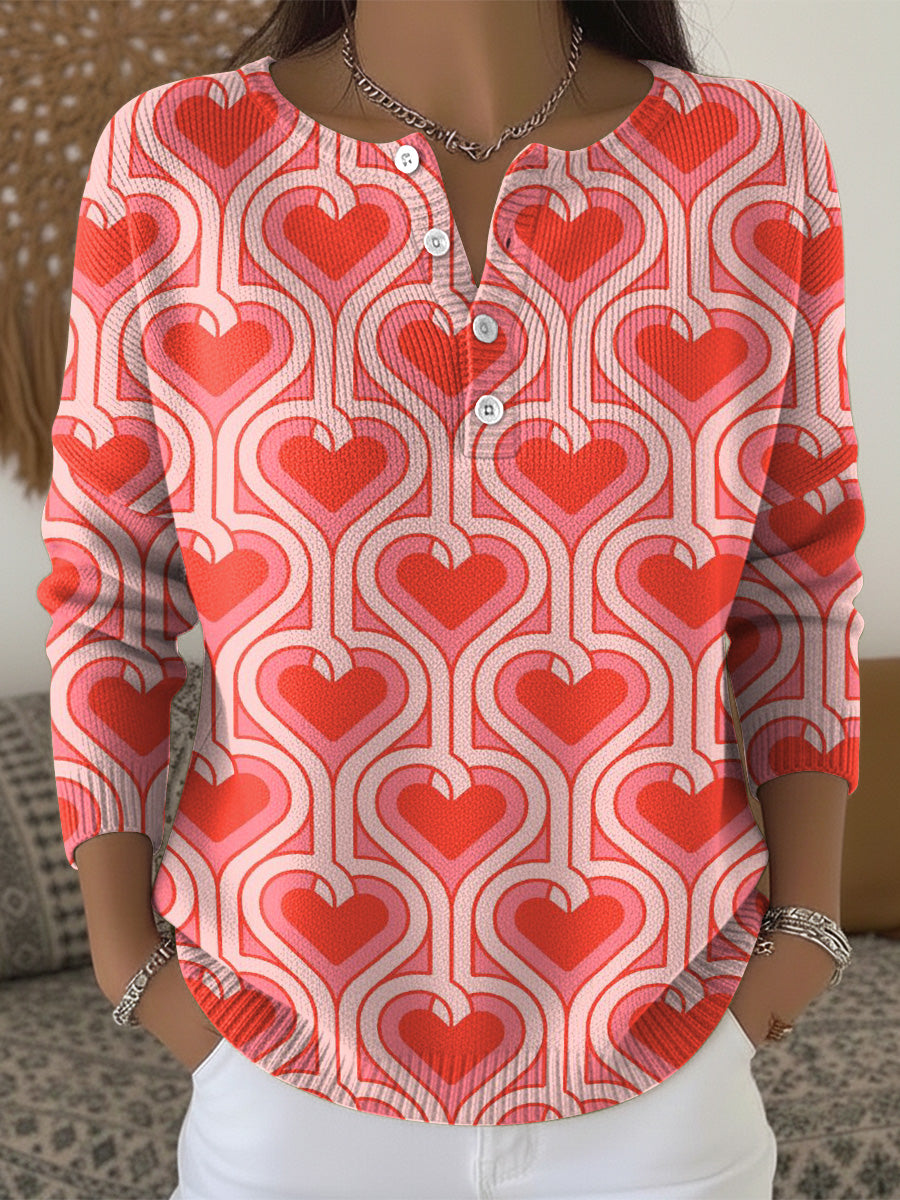 Valentine's Day Geometric Heart Decorative Pattern Casual Cardigan Collar Long Sleeve Sweater