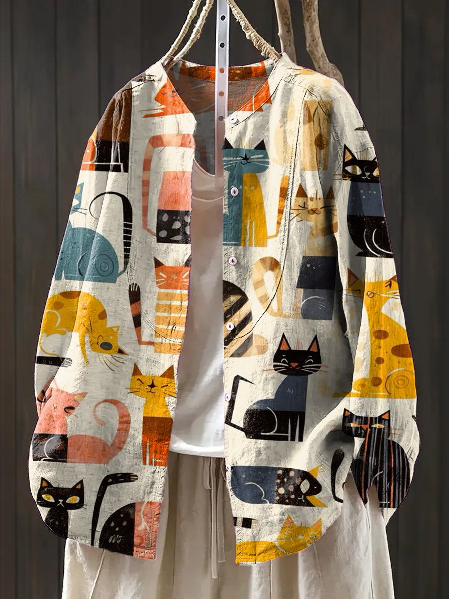 Women's Beautiful Colorful Cute Cat Painting Art Print Casual Cotton And Linen Shirt