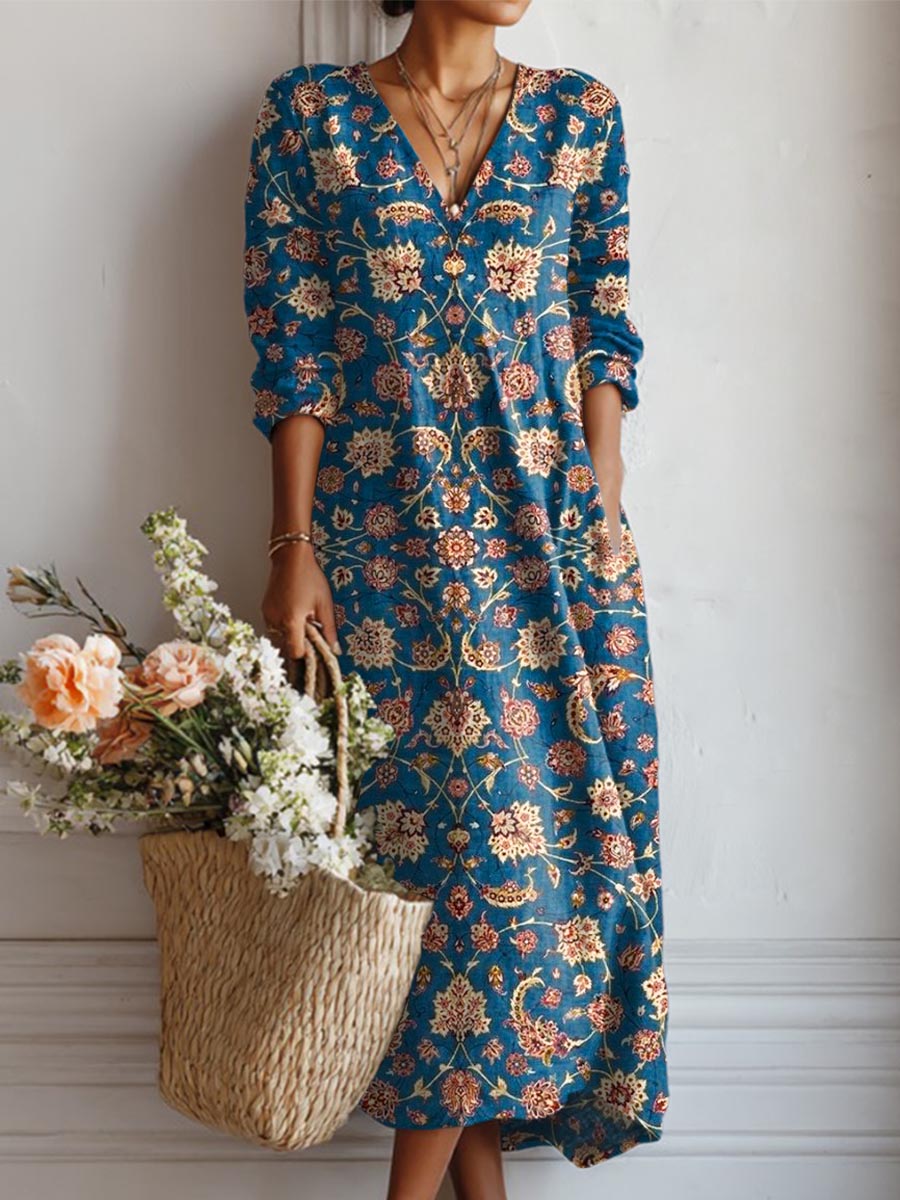 Women's Vintage Floral Art Print Casual Cotton Linen Pocket Dress