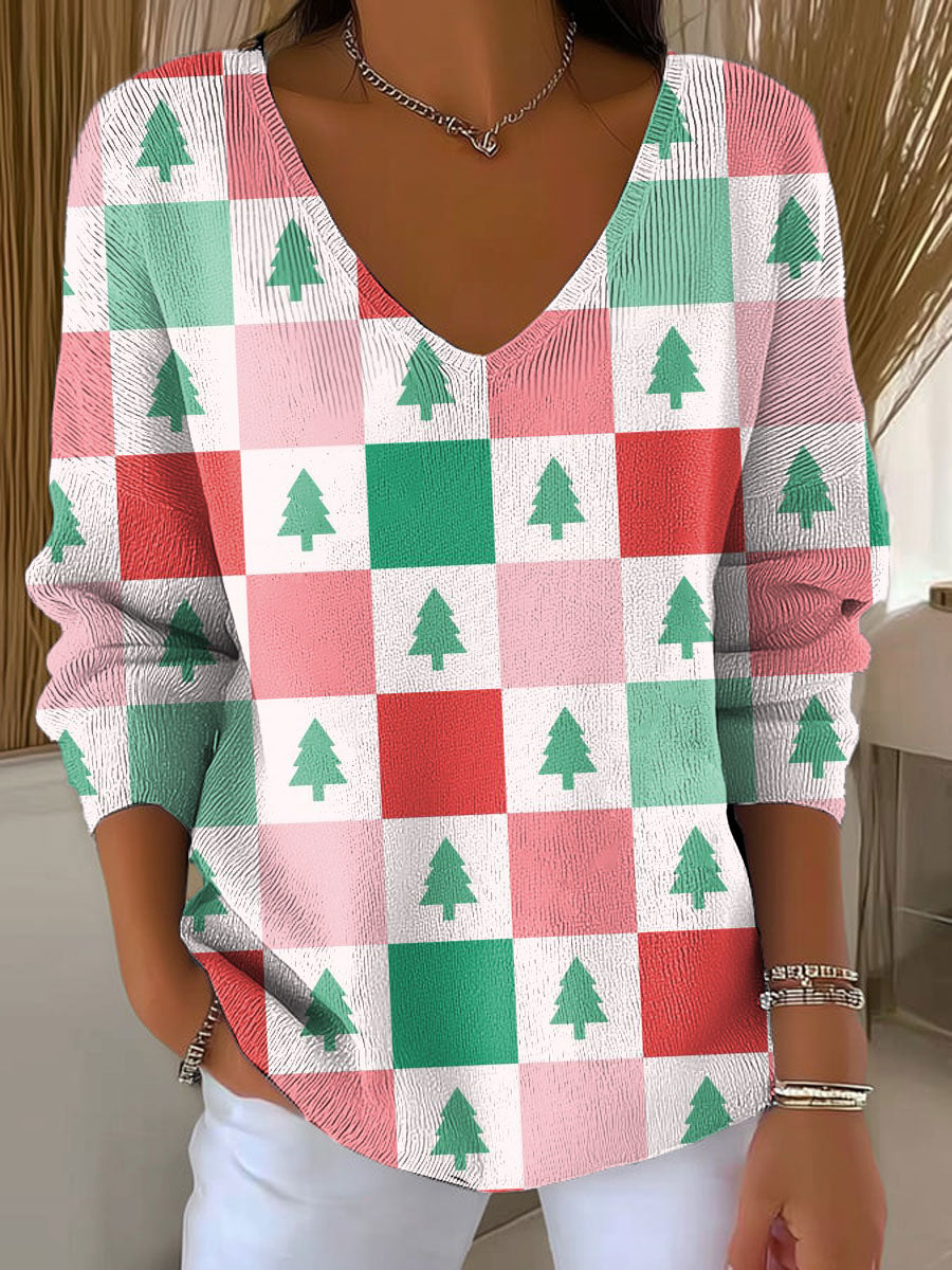 Women's Christmas Tree Pattern Print Casual Pullover Sweater