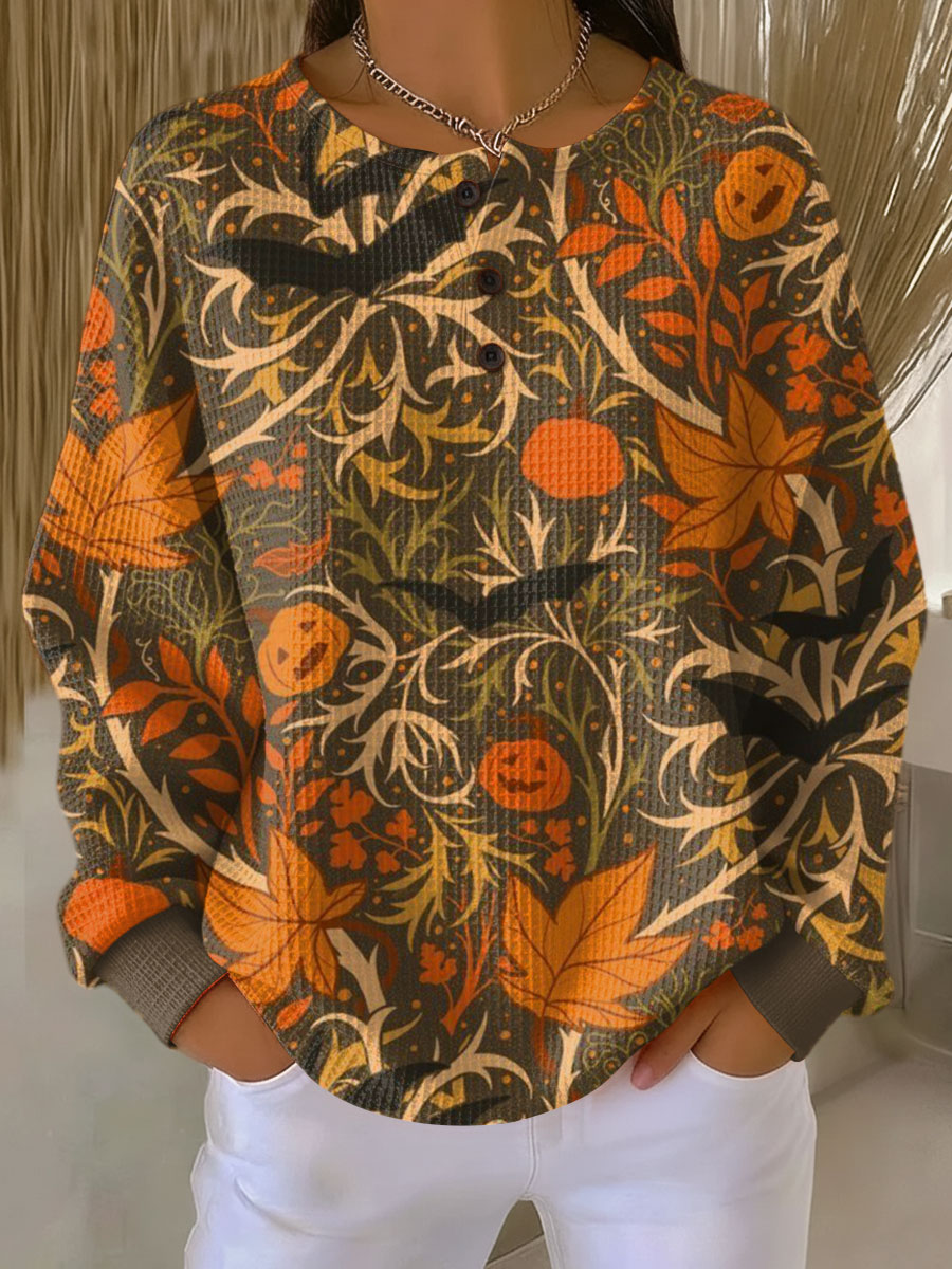 Women's Halloween Pumpkin Bat Maple Leaf Pattern Art Print Casual Cotton Sweatshirt