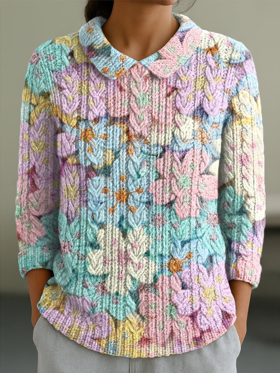 womens-beautiful-colorful-floral-painting-art-print-casual-peter-pan-collar-3-4-sleeve-sweater