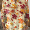 Autumn Maple Leaves Pattern Print Henley Neck Sparkling Sequin Sweater