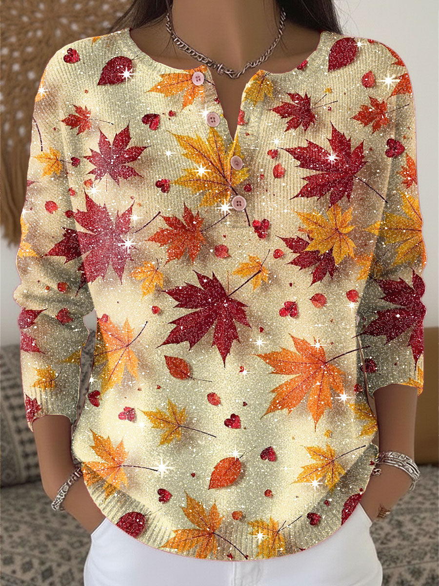 Autumn Maple Leaves Pattern Print Henley Neck Sparkling Sequin Sweater