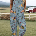 Women's  Funny Flower Bee  Art Print Casual 100% Cotton Wide Leg Jumpsuit