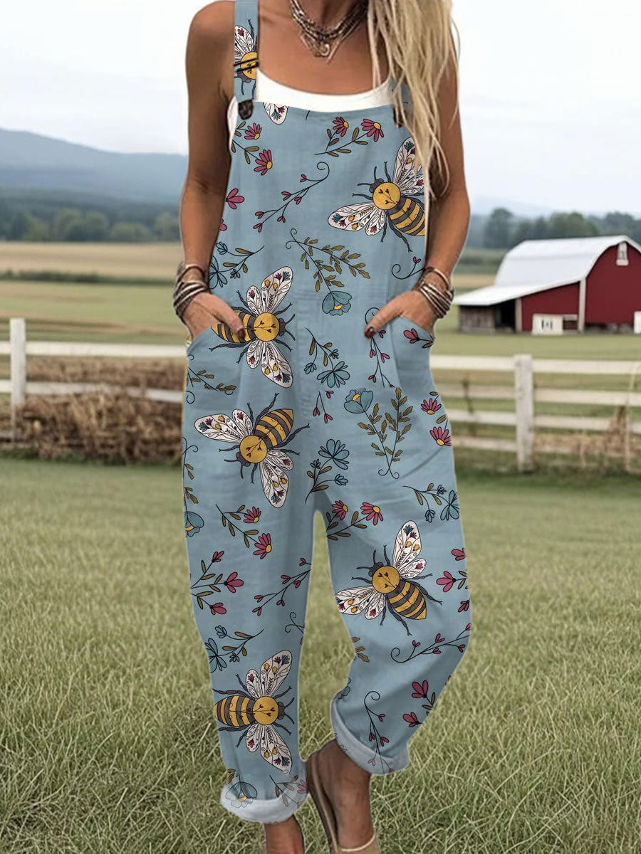 Women's  Funny Flower Bee  Art Print Casual 100% Cotton Wide Leg Jumpsuit
