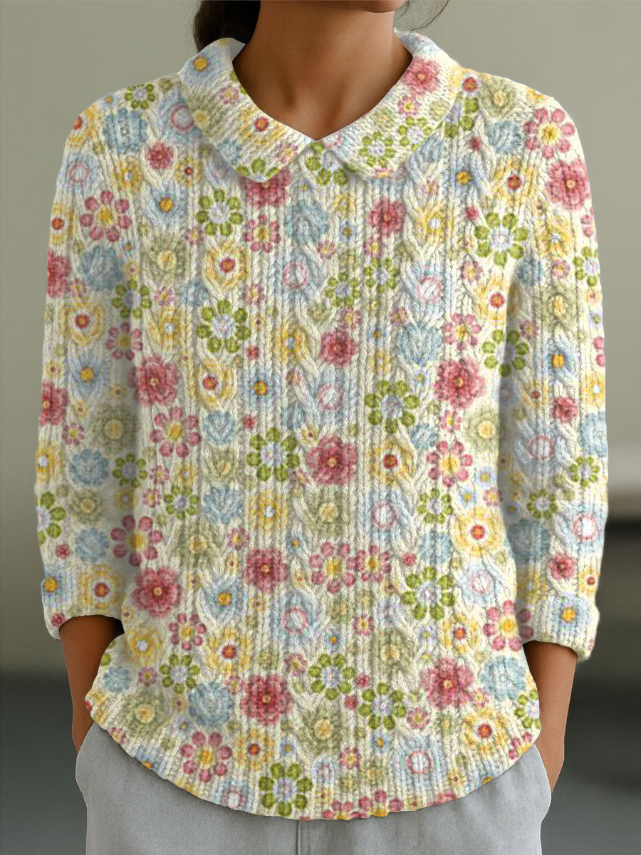 womens-vintage-flower-art-print-casual-peter-pan-collar-3-4-sleeve-sweater-d5wv