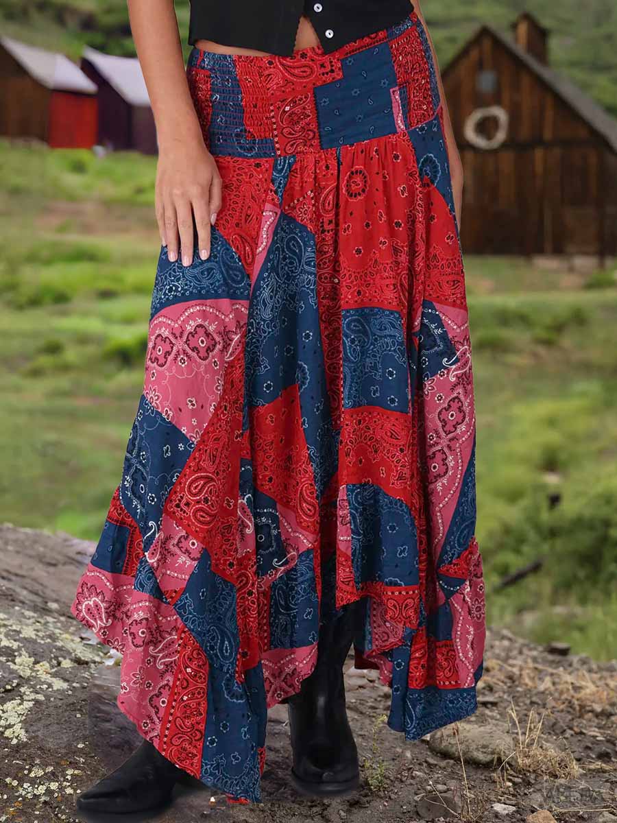 Women's Paisley Print Elastic Waist Casual Cotton and Linen Skirt Strapless Dress Two-Way Dress