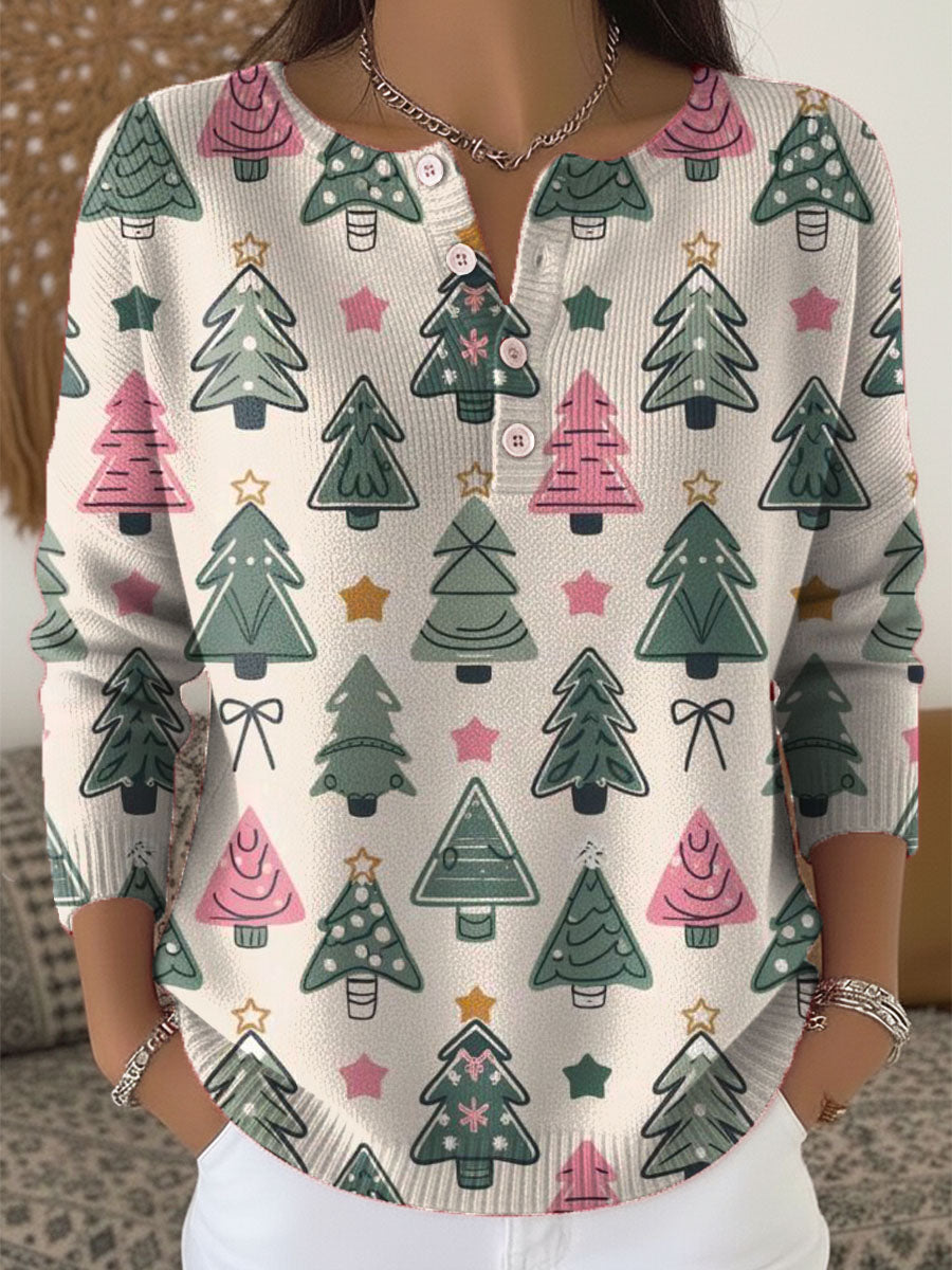 Women's Christmas Tree Art Print Buttoned Cardigan Sweater