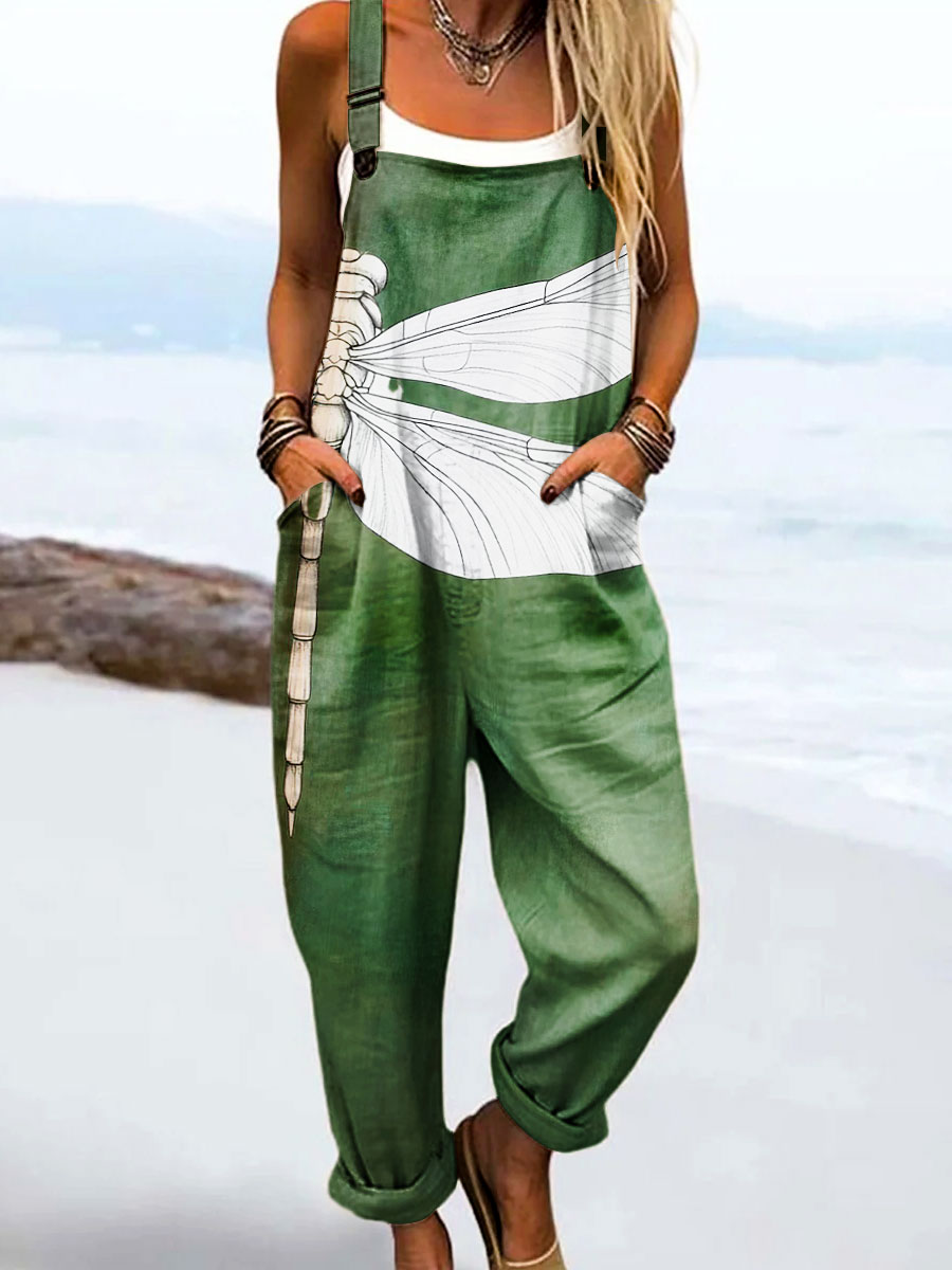 Women's Vintage Dragonfly Delight Art Print Casual 100% Cotton Wide Leg Jumpsuit