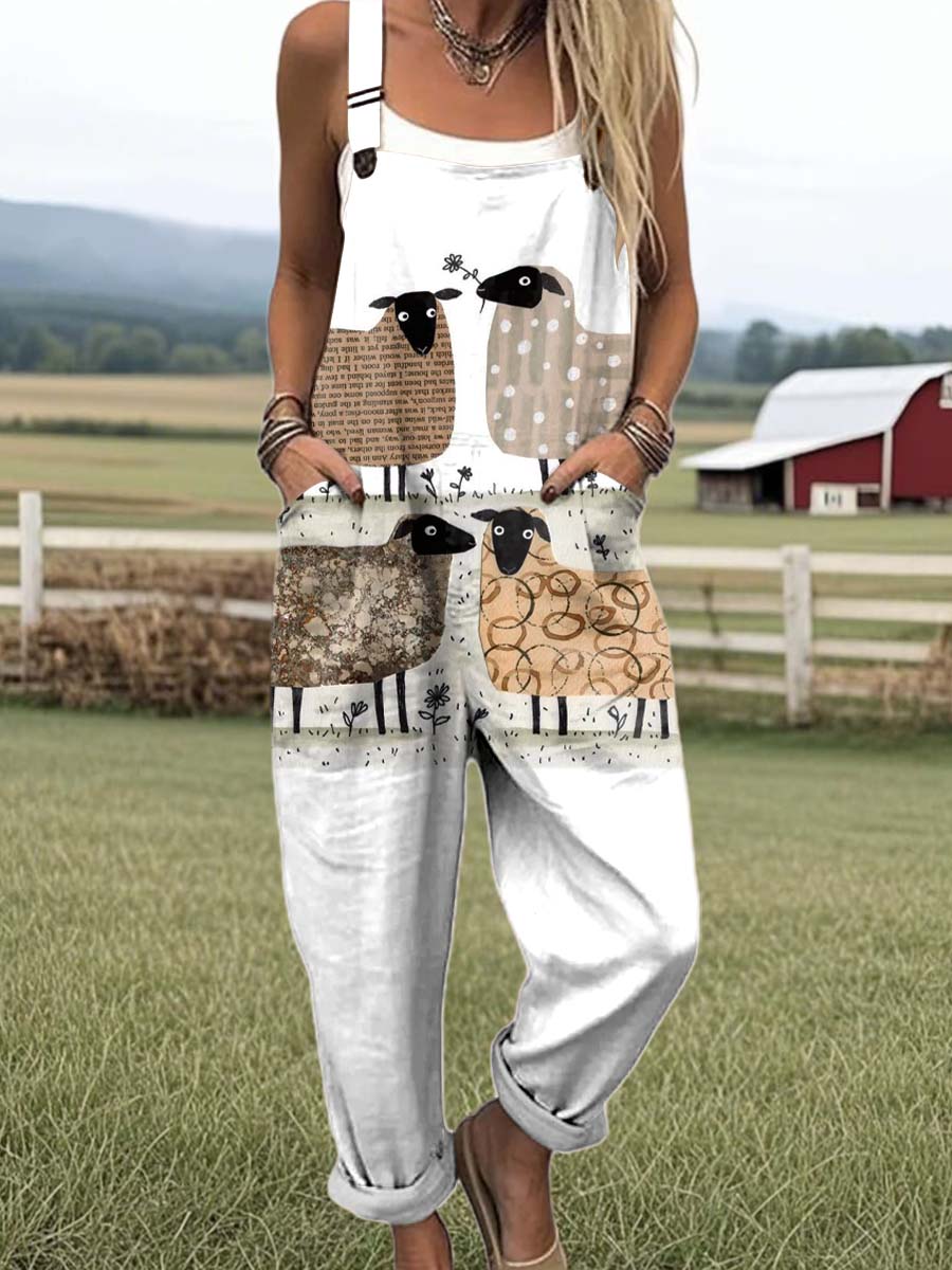 Women's Cute Sheep Art Print Casual 100% Cotton Wide Leg Jumpsuit